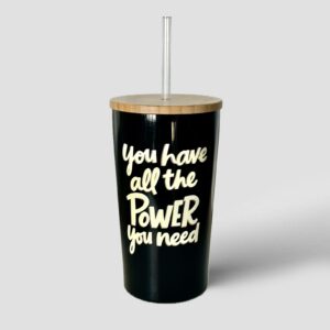 Stainless Steel Straw Tumbler with Bamboo Lid – Black