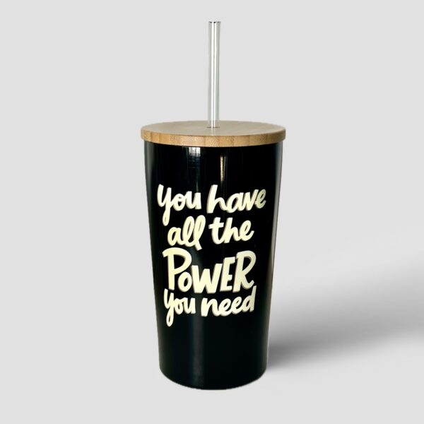 Stainless Steel Straw Tumbler with Bamboo Lid – Black