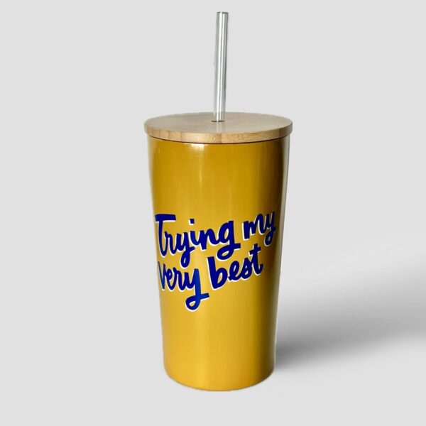 Stainless Steel Straw Tumbler with Bamboo Lid - Yellow