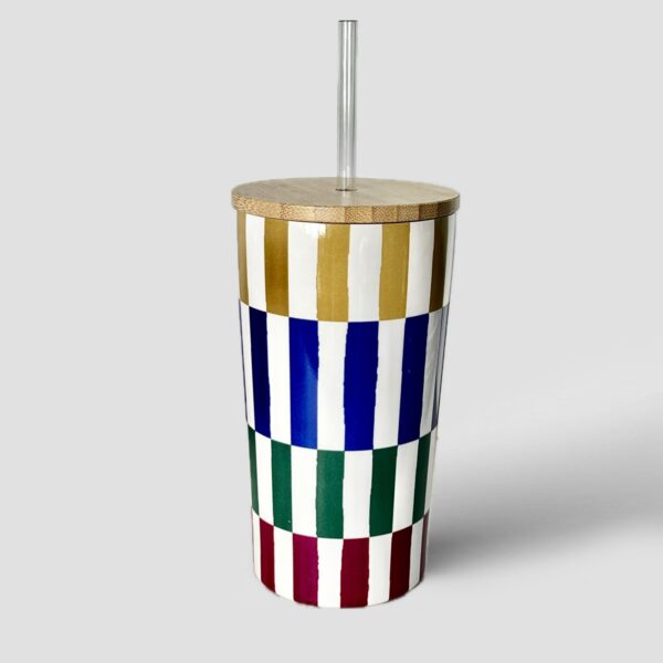 Stainless Steel Straw Tumbler with Bamboo Lid - Multicolor